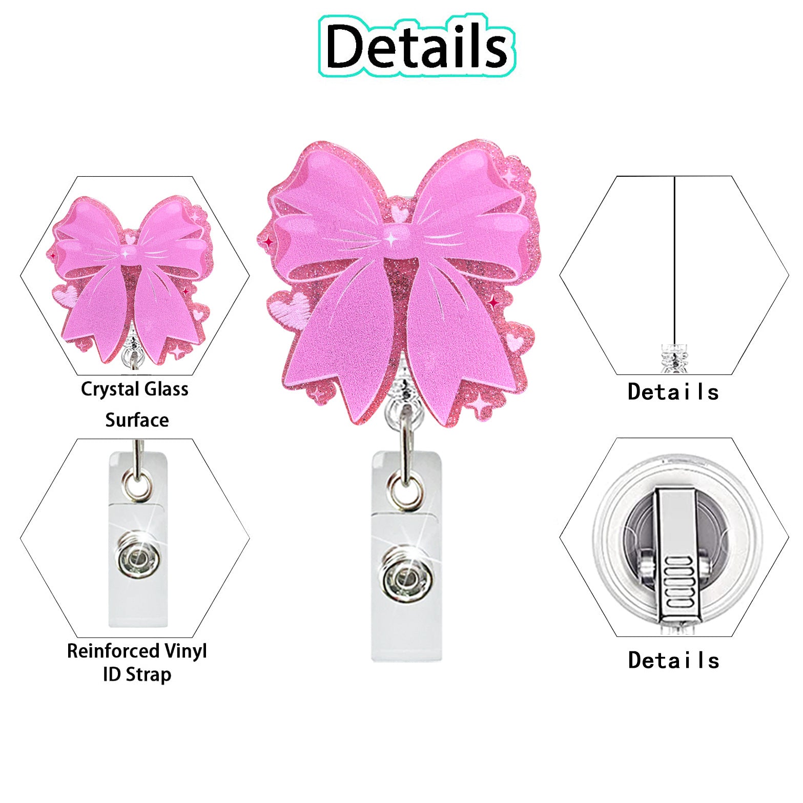 Wholesale New Acrylic Pink Bow Retractable Rotatable Badge Reel